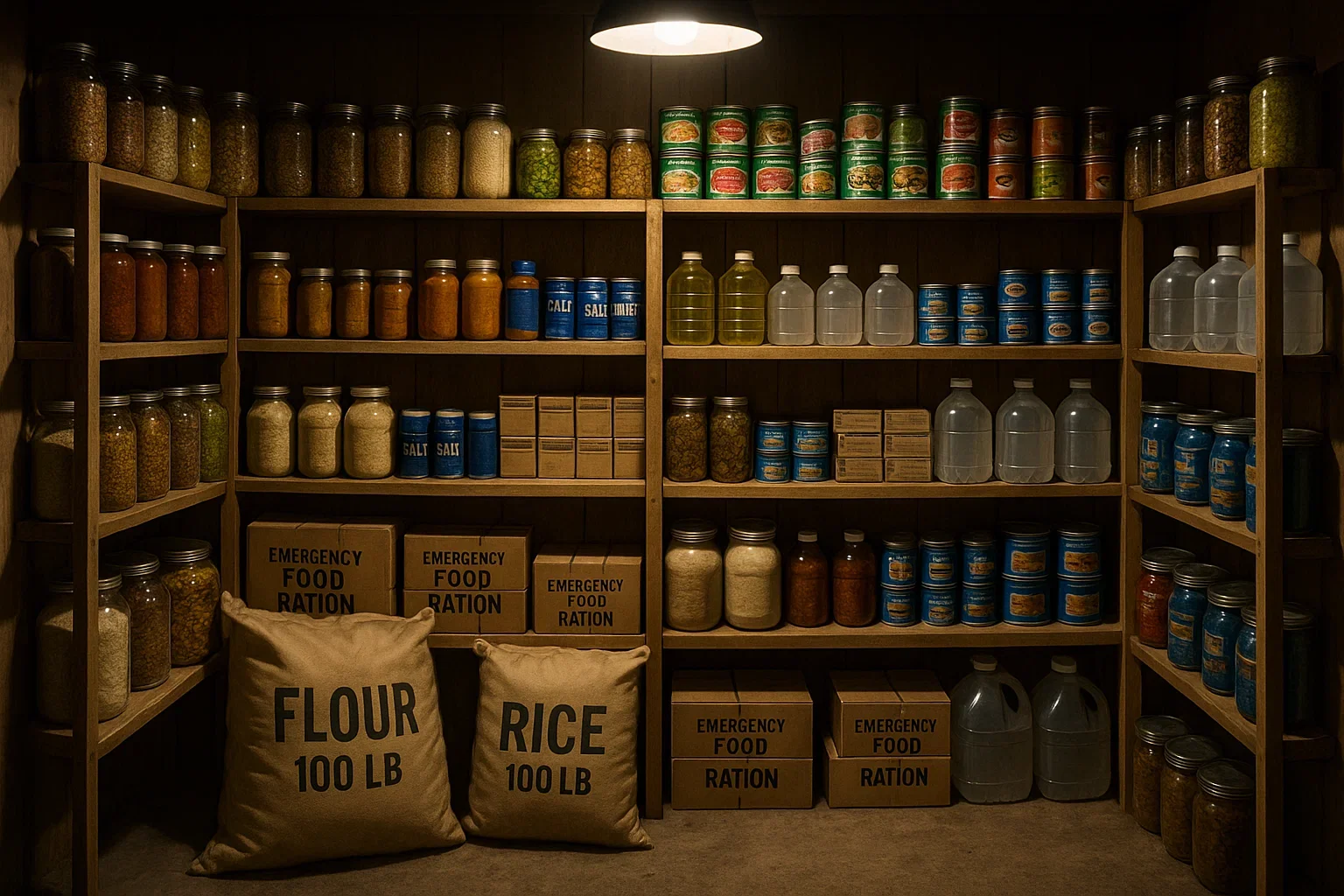 Stocked pantry shelves with sealed buckets and mylar bags ready for long-term storage