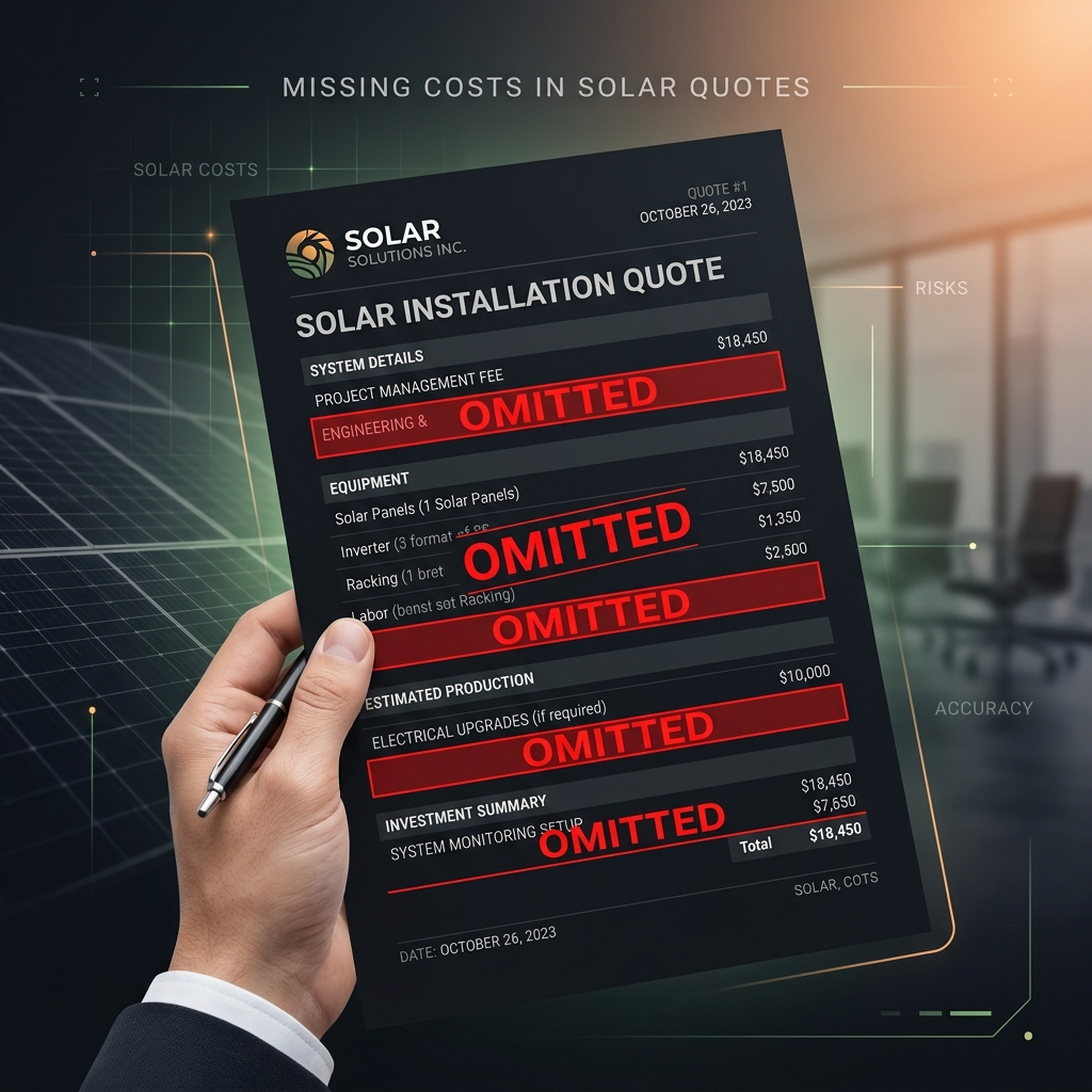 Solar quote with red omitted stamps highlighting missing costs